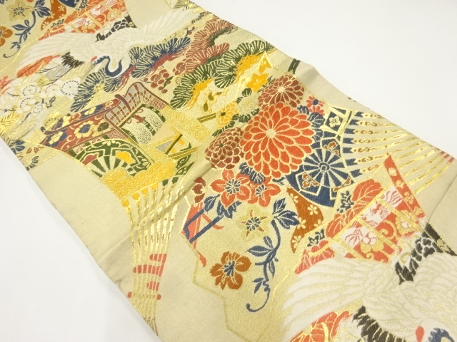 アンティーク　鶴に御所車・花車模様織出し丸帯（材料）